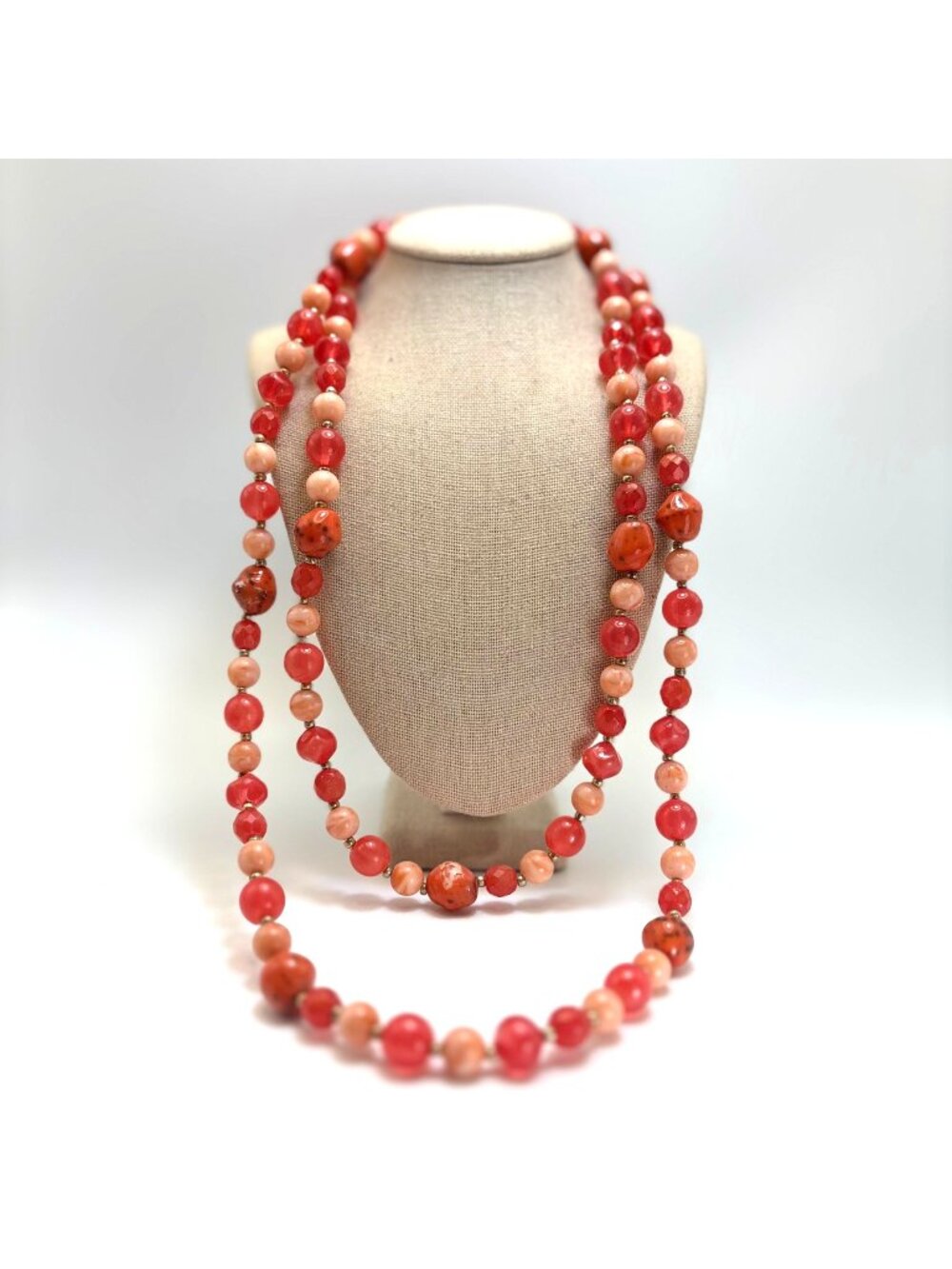 Red & Pink Glass Gemstone & Silver Vintage Beaded Necklace 45" L